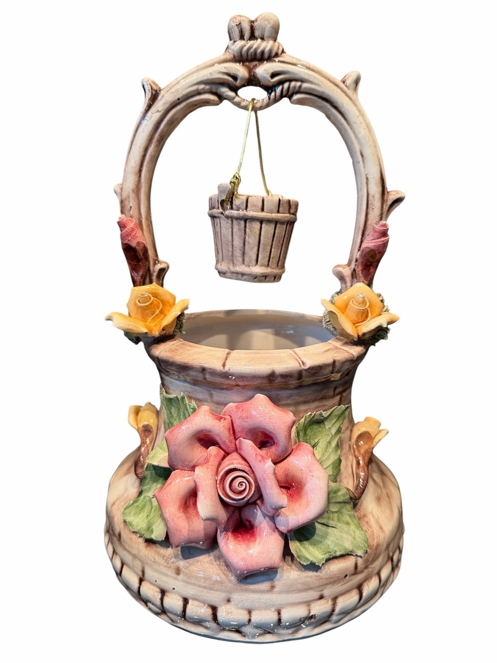 Capodiamonte Wishing Well Decorative Floral Porcelain Well Pink Yellow Flowers